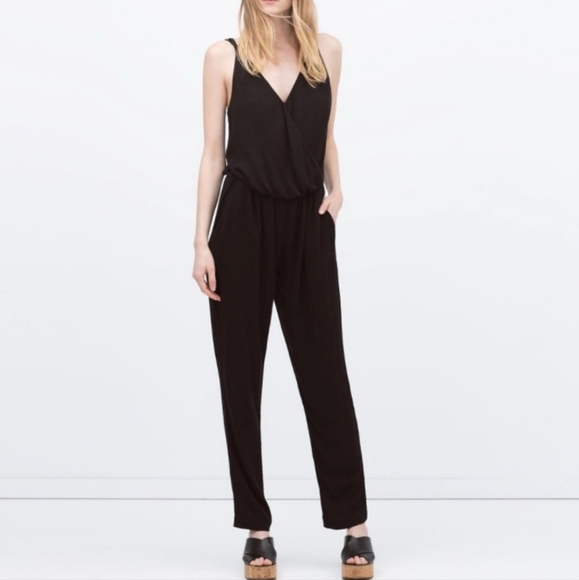 ZARA Black Tank jumpsuit Faux Wrap Pockets Lightweight M Minimalist Quiet Luxury - Picture 3 of 16